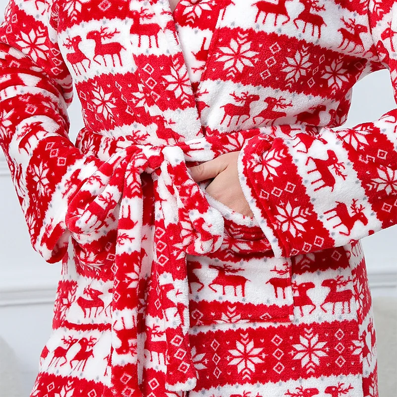 Plus-size Flannel Christmas Robe Thicken Lace-up Bathrobe Xmas Pajama Pijama Santa Claus