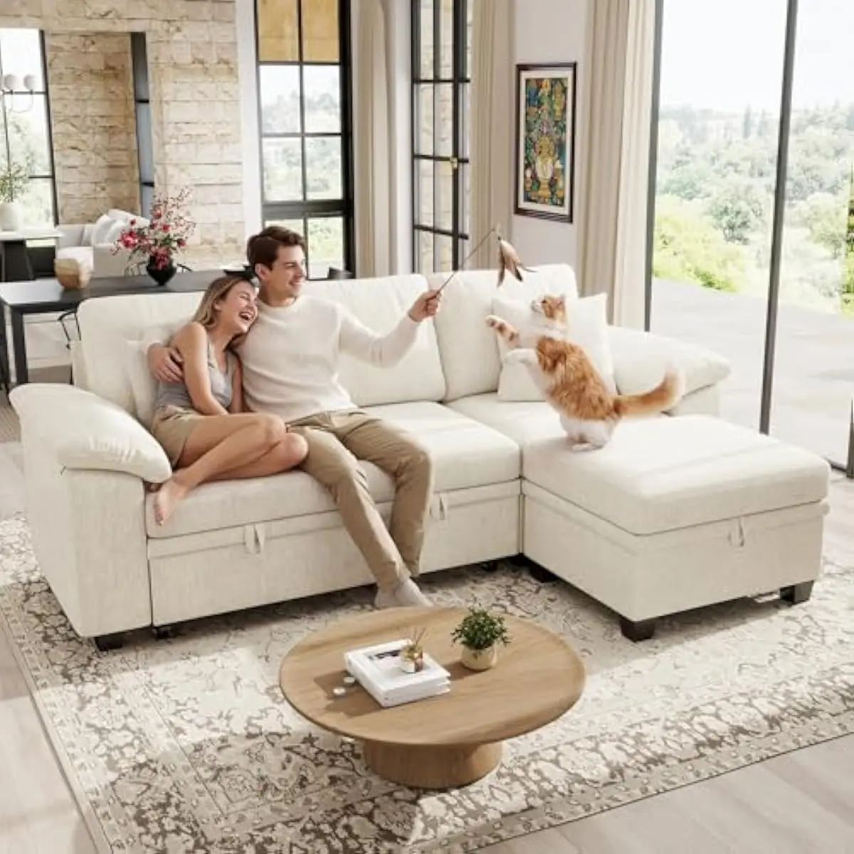 86 inch modular L shaped sectional sofa with integrated pull out bed frame smooth gliding mechanism and hidden storage compartme