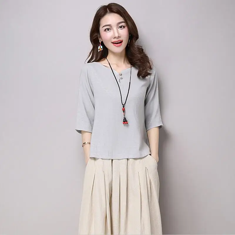 Solid Shirt Women Cotton Linen Tops 2026 Summer Autumn Shirts Chinese Style Female Casual Round Neck Top mujer blusas femininas