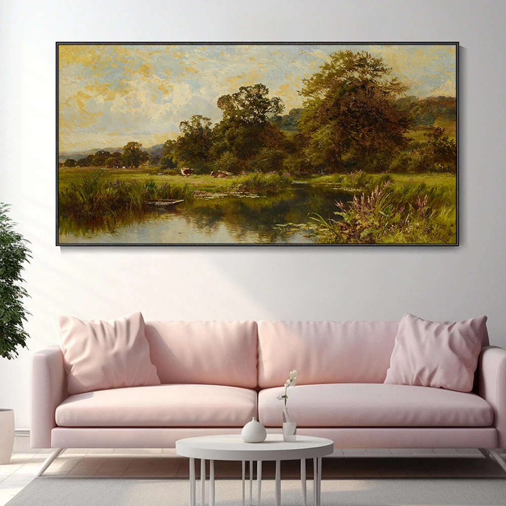 The Scenery of Rural River 19th Century Landscape Canvas Painting Wall Art Poster & Print Home Decor Items Illustration