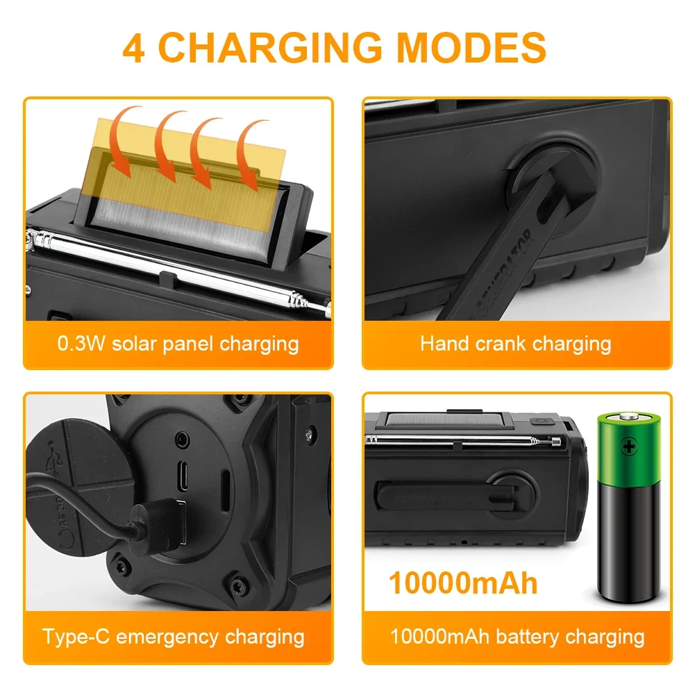 10000mAh Solar Hand Crank Radio FM AM WB NOAA Weather Radio USB Charging Emergency LED Flashlight Power Bank with 4-Mode Charge