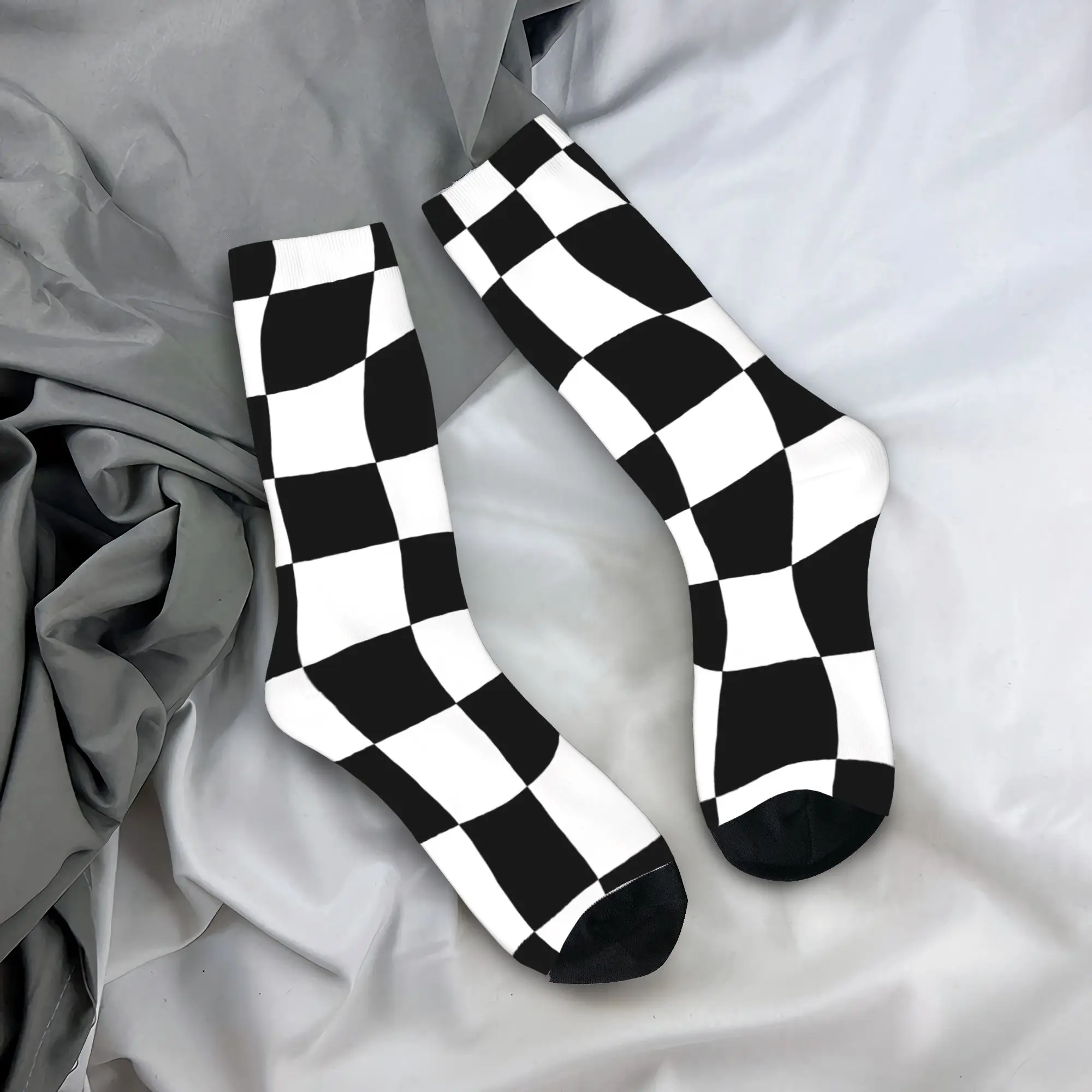 Black and white check Socks  Non Slip Stockings Women Men Warm Soft Cycling Socks Autumn Retro Design Socks