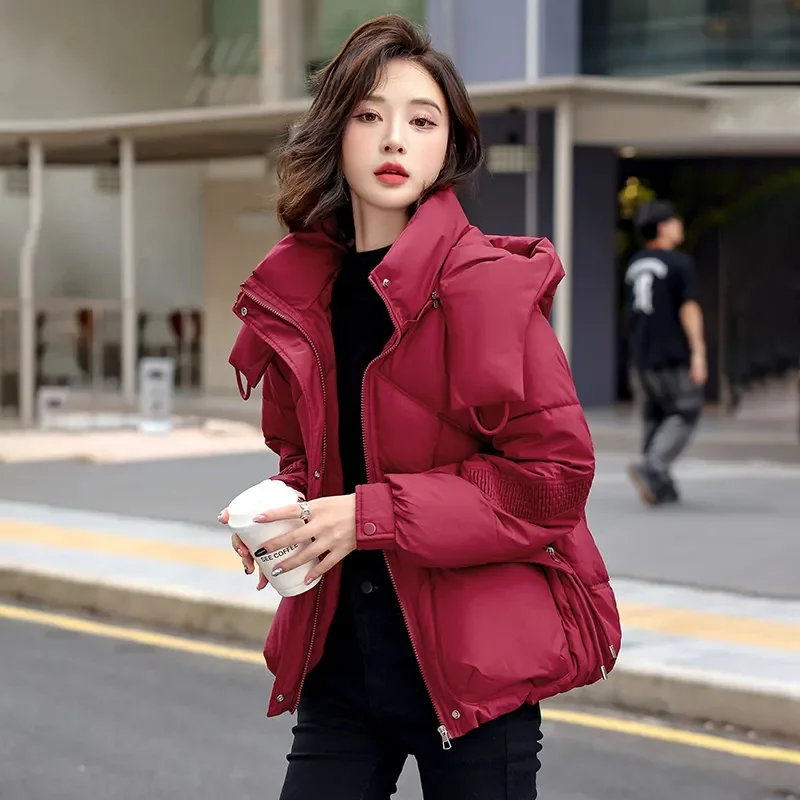 2024 New Cotton-padded Female Korean Version Loose Slim Detachable Hat Short Coat Bread Clothing Cotton-padded Jacket Trend