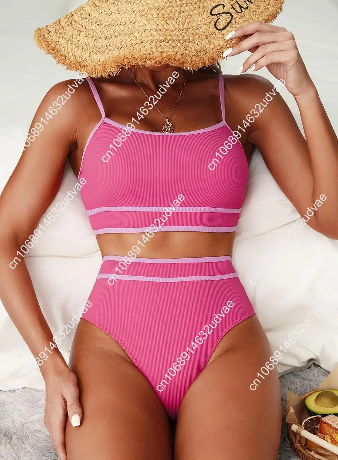 Herseas Women's Ribbed Bikini Sets Color Block Swimsuit High Waisted Bathing Suit