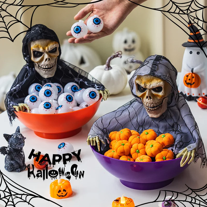 Halloween Electric Skull Fruit Bowl Candy Tray Light Up Shaking Skeleton Head Treat Holder Haunted House Party Table Decor Prop