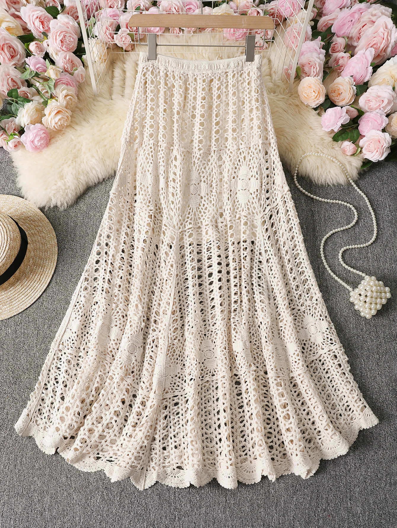Bohemian Style Hook Weave Midi Long Skirt Spring Summer Long Dress Boho Chic Medium Length  Women's Fashion