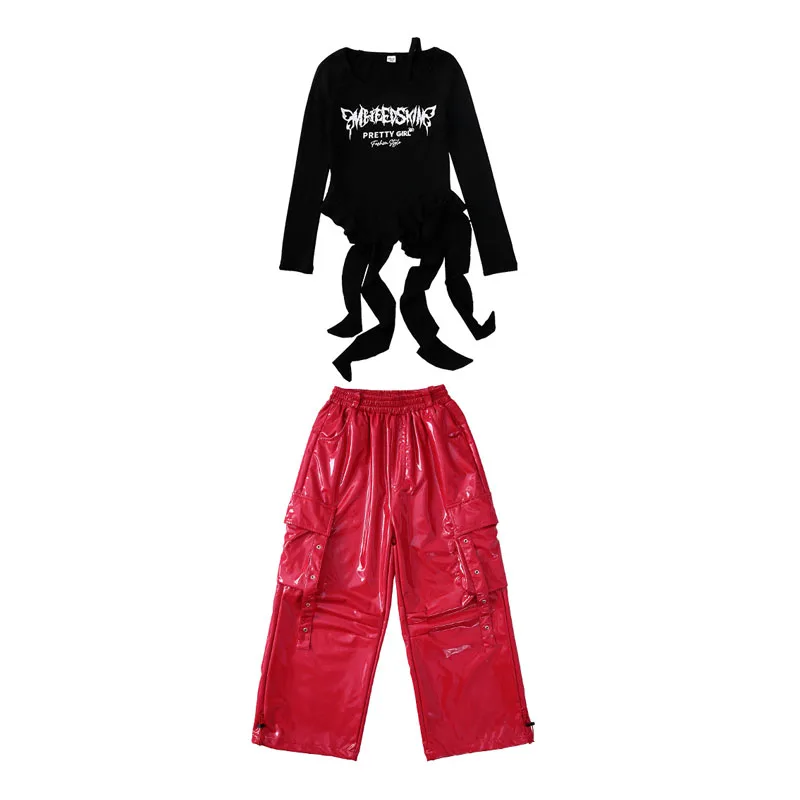 Kind Kpop Hip Hop Kleidung Rot Rüschen Strap Saum T Shirt Schwarz Straße PU Leder Niet Cargo Hosen für Mädchen Tanz Kostüm Kleidung