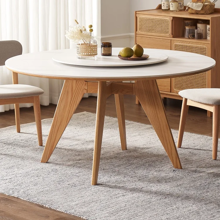 

-ww L7115 Modern Simple Big Dinning Table Solid Oak Wood Sintered Stone Top Plate Dinning Table and Chair Set with Turntable
