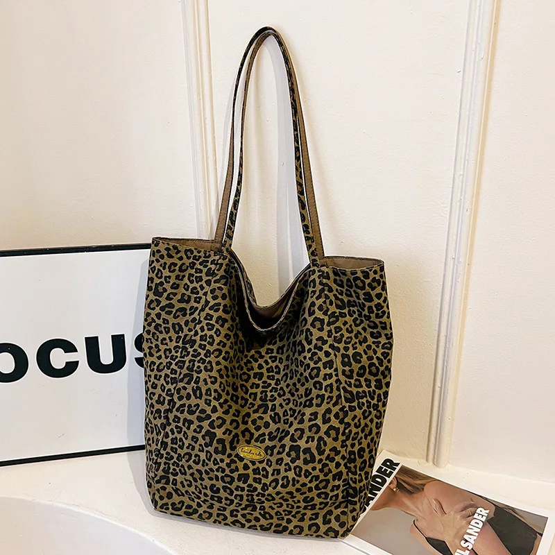 

Двусторонняя холщовая сумка-тоут с леопардовым принтом, большая вместительная сумка для женщин, повседневная сумка через плечо в студенческом стиле, городская сумка для поездок на работу
