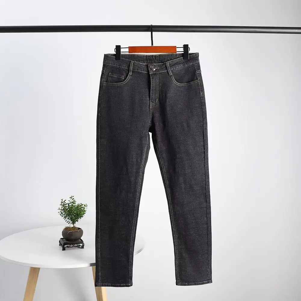 Classic Fleece Lined Men's Jeans Autumn Winter Slightly Thick Elastic Office Business Work Trousers Comfort Washed Denim Pants