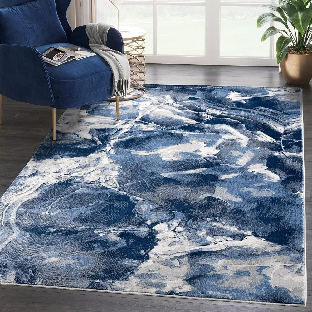 

Rugs Contemporary Blue & Grey Marble Ice Design 7'9" x 10'2" (8'x10') Area Rug - Modern Swirl Watercolor Non-Shedding Bedroom