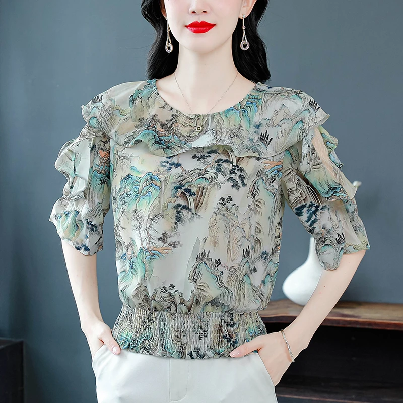 Summer Floral Printed Shirt Elegant Fashion Women Chiffon Blouse 3/4 Sleeve Patchwork Mesh Casual Tops
