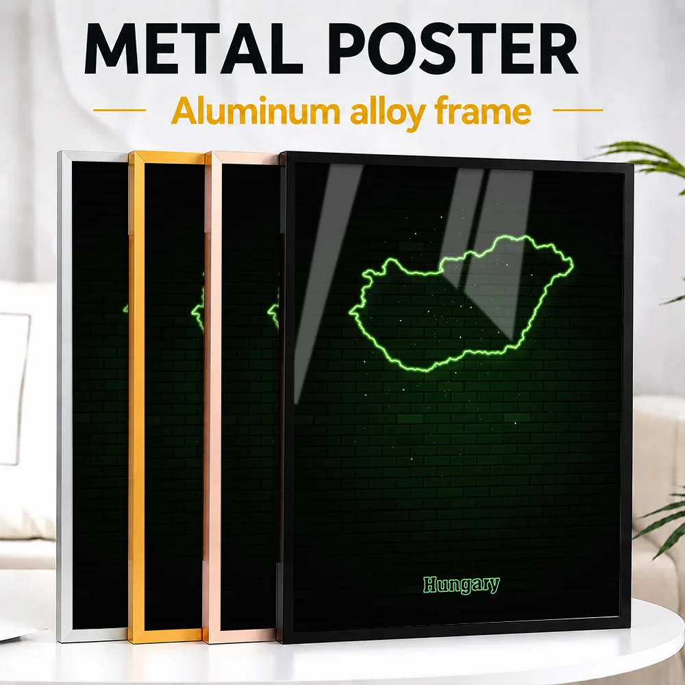 Hungary Map Outline Metal Poster With Aluminum Alloy Frame Customized Neon Style Wall Art For Living Room And Office Reception