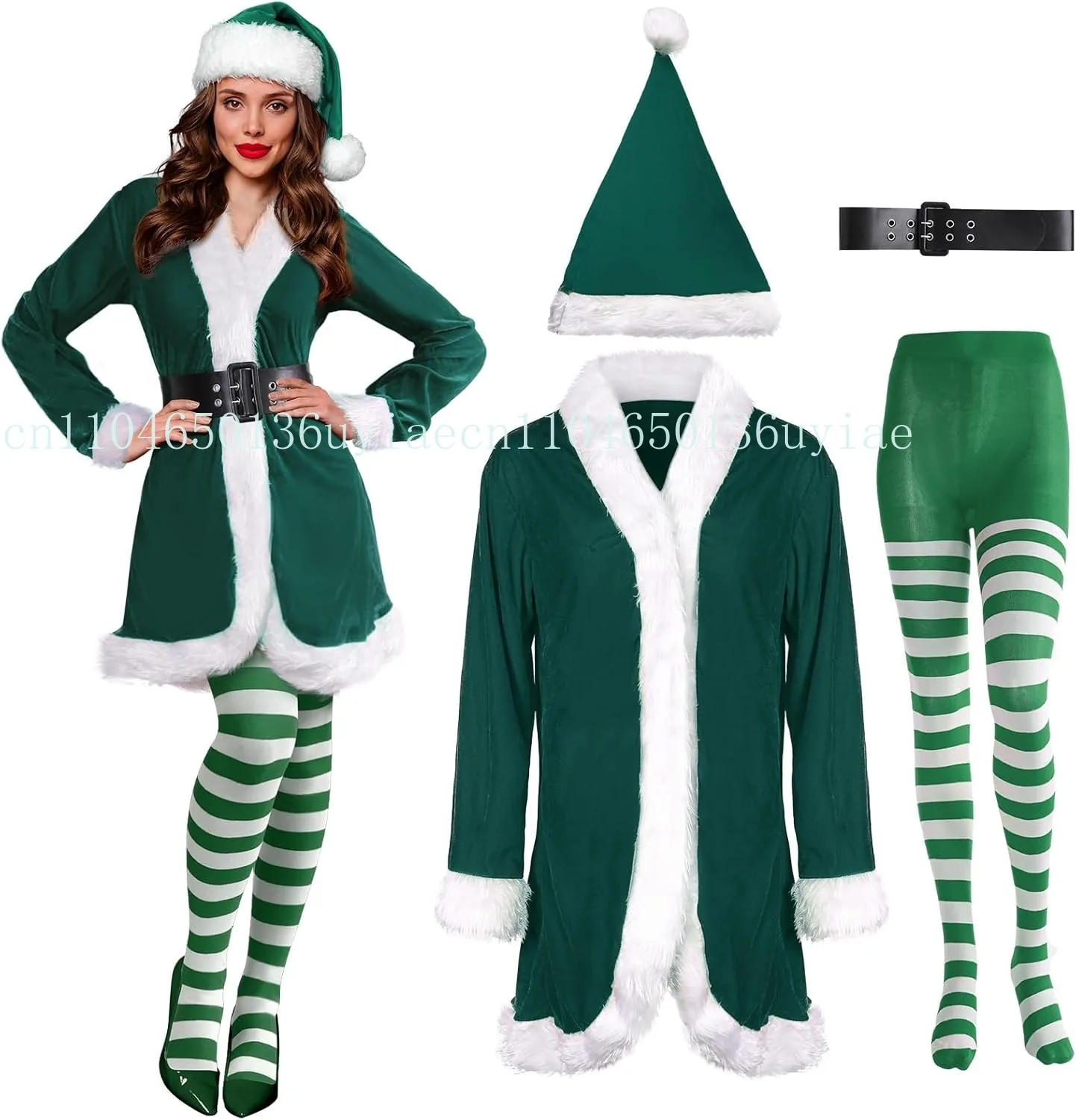 Set di costumi da elfo natalizio da donna 4 pezzi Abito natalizio verde a maniche lunghe Cappello Cintura e leggings Abiti cosplay per le vacanze