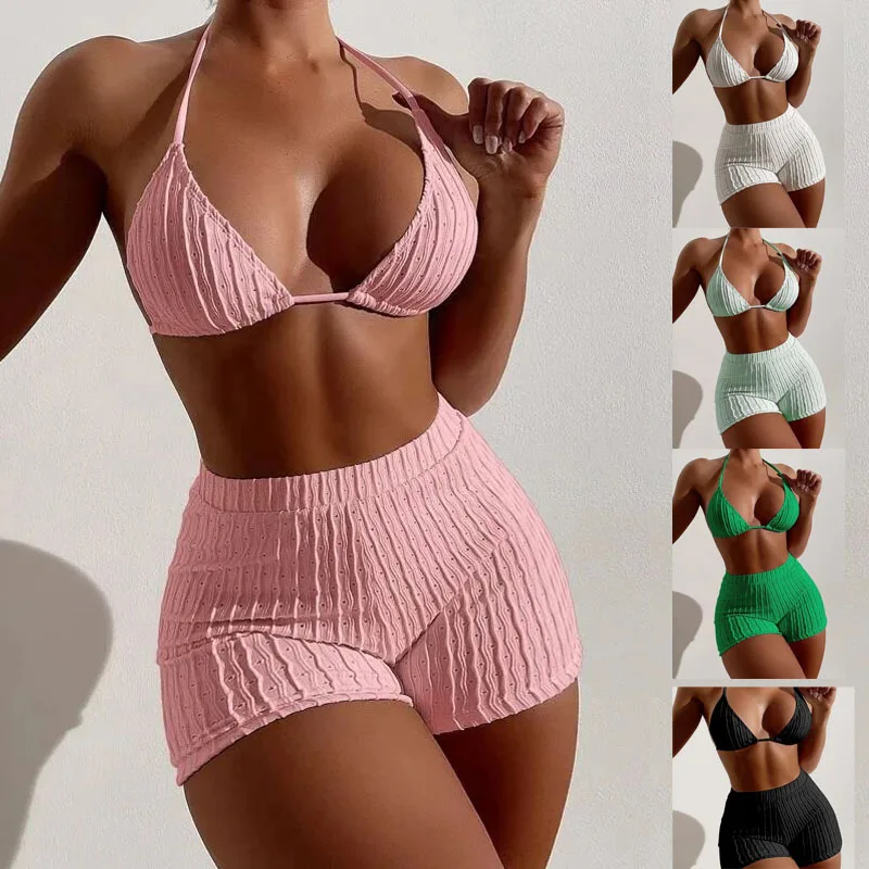 

Women Summer Solid Color Swimsuit Sexy High Waisted Pure Cotton Suspender Swimsuit Fashion Tight Striped Split Bikini Set