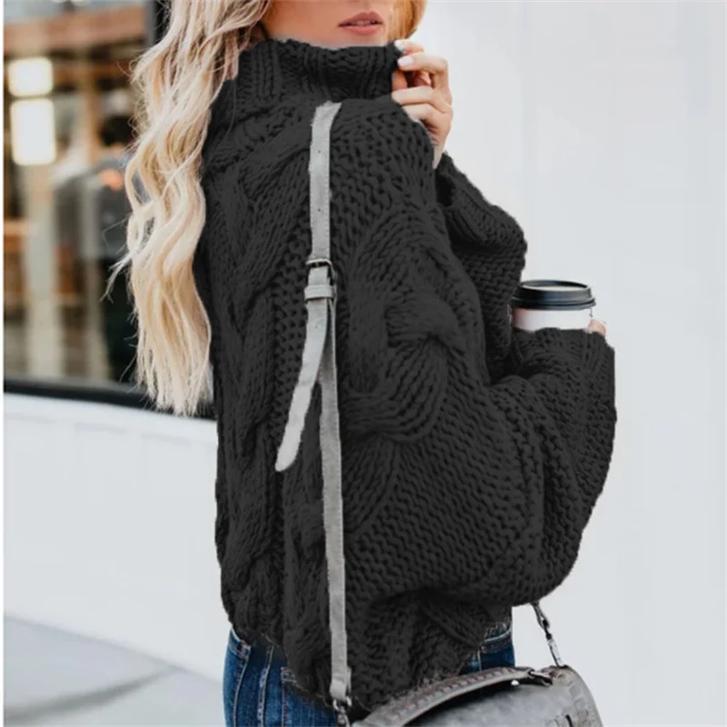 Womens Soft Comfy Cable Knit Turtleneck Pullover Sweaters  Turtle Cowl Neck Solid Color Loose Long-sleeved Twist Short Sweater