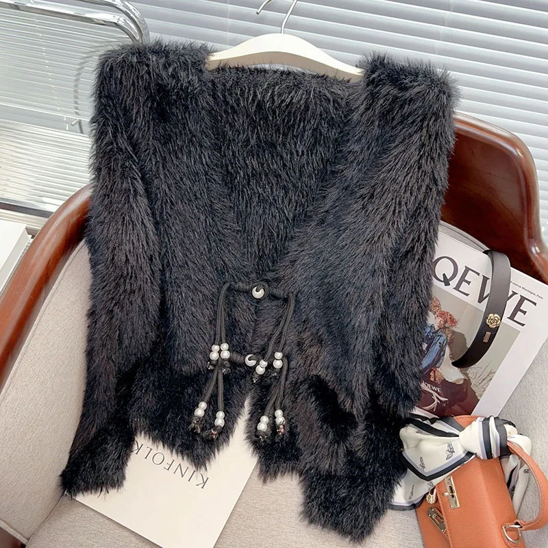 Nuevo estilo chino nacional viento borla hebilla suéter abrigo mujer Otoño Invierno imitación visón suave ceroso punto Cardigan abrigo fino