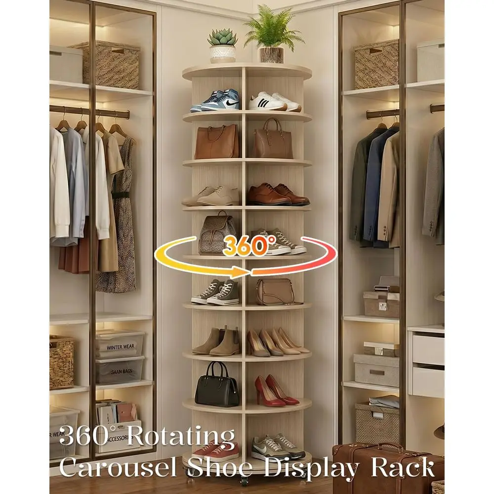 8-Tier Rotating Shoe Rack Organizer with 4 Casters, Natural, 23.6x23.6x74 view 6