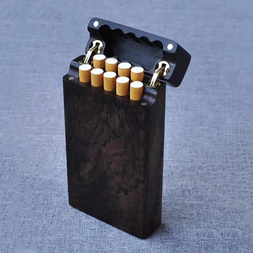 Ebony Flip Cigarette Case Portable Solid Wood Slim Storage Holder for 9/17 Sticks with Separate Holes Pocket-Sealed Smoking Box