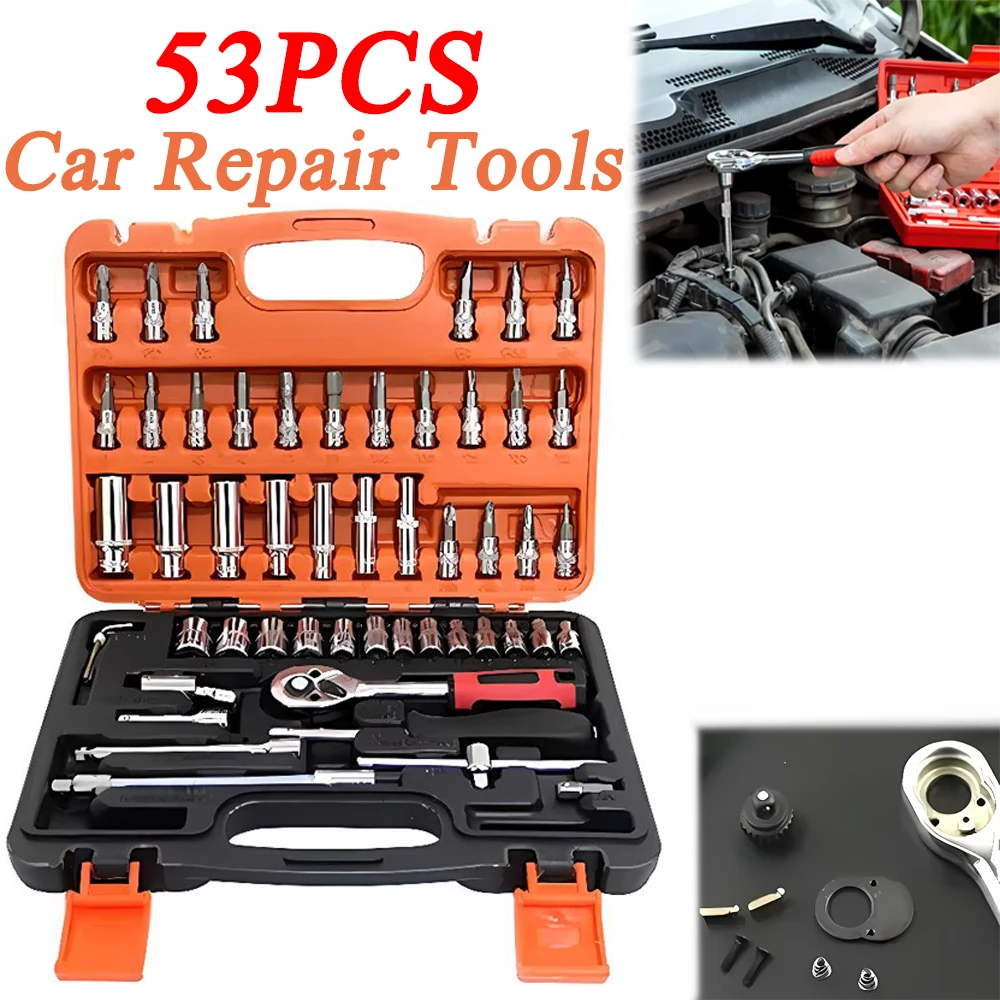 53pcs Car Repair Tool Kit, 1/4 Inch Drive Socket Ratchet Wrench Set, Combo Tools Kit Bicycle Auto Repairing Tool