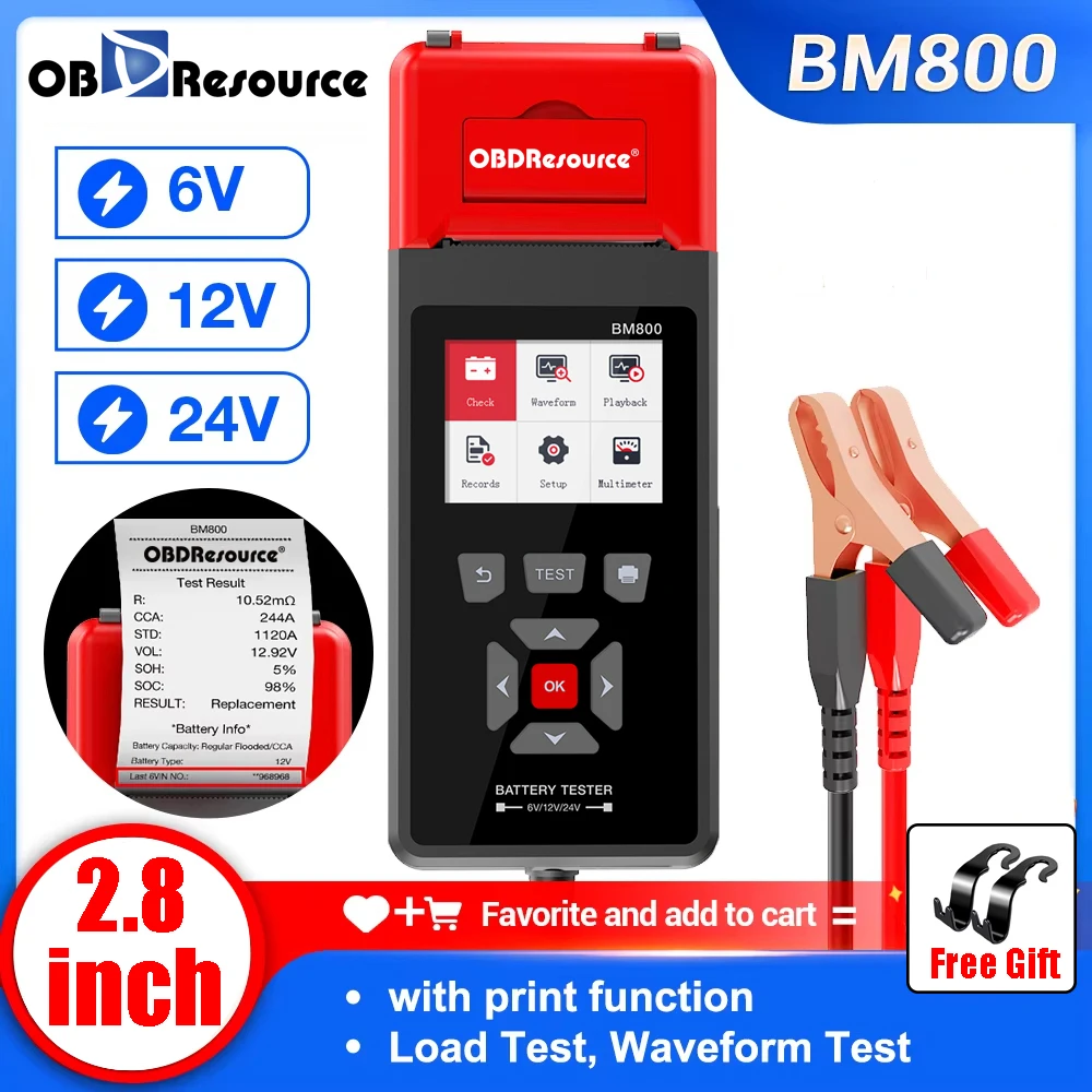 

Тестер автомобильных аккумуляторов BM800 с принтером для проверки запуска, зарядки и максимальной нагрузки 6В, 12В, 24В. Диагностический инструмент.