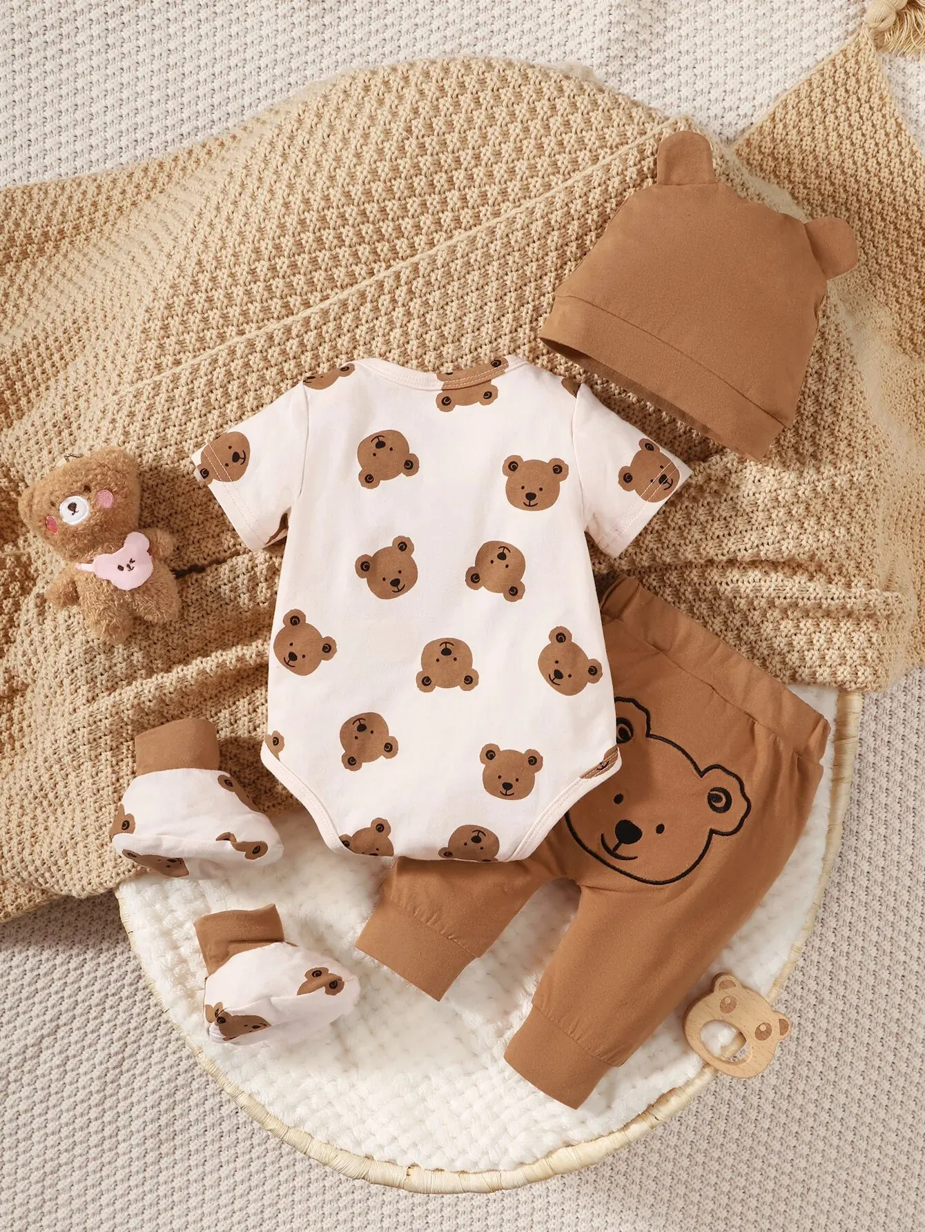 4PCS Clothing Set 0-9 Months Newborn Baby Boy Bear Short Sleeve Romper+Pants+Hat+Sock Infant Baby Full Moon Photography Outfits