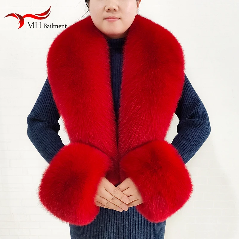 

Winter Genuine Fox Fur Scarf Cuff Set Women Wraps Neck Warmer Luxury Furry Shawl Female Coat Fluffy Fur Scarves Warm Arm Cover
