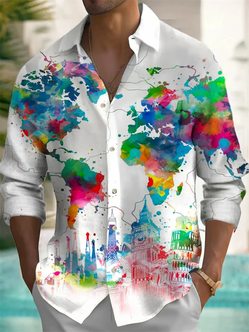 Fashion Earth Map Graphic Shirts For Men Street Style Casual Unisex Retro 3D World Map Print Long Sleeve Shirt Designer Clothes view 5