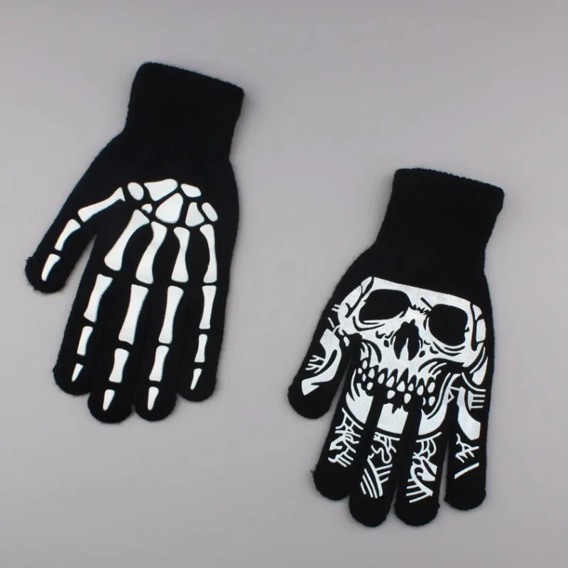 Halloween-Skelett-Handschuhe, 1 Paar – Vollfinger-Strickhandschuhe mit Totenkopf-Aufdruck, gruselige Kostüm-Requisiten für Männer und Frauen