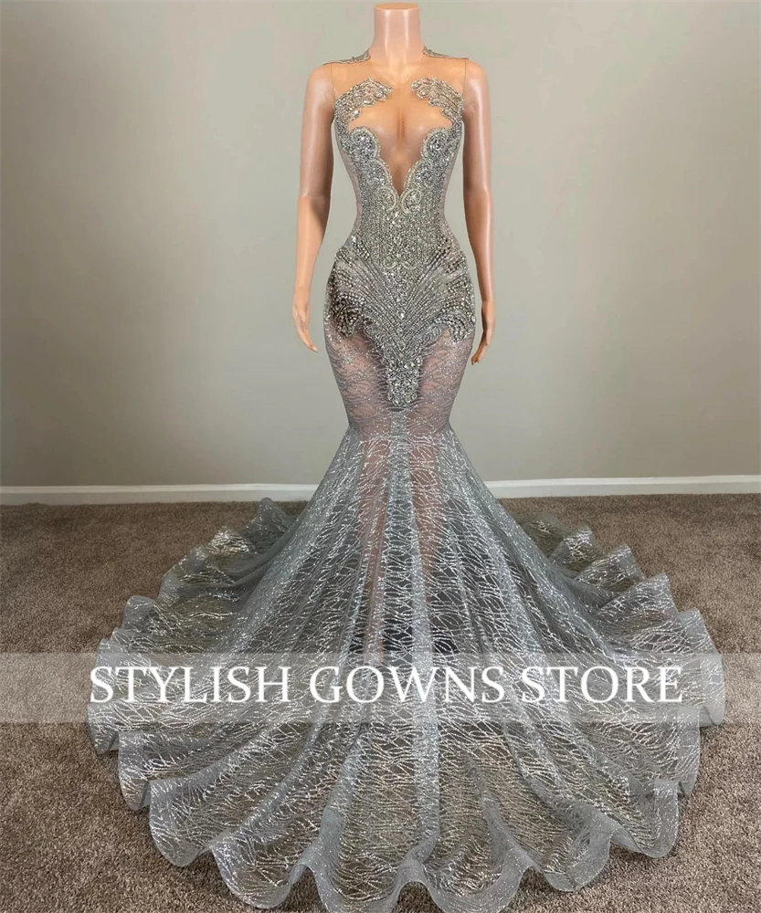 Silver O Neck Long Prom Dresses For Black Girls Beaded Crystal Rhinestone 2024 Birthday Luxury Dress Mermaid Graduation Gown