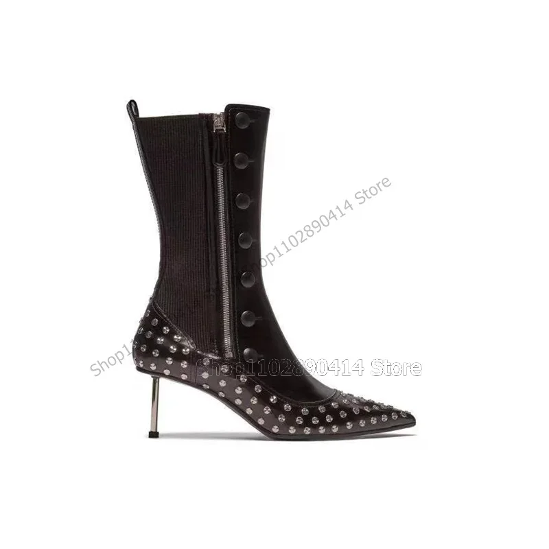 

Button Rivets Decor Black Pointy Toe Boots Mid Calf Side Zipper Women Shoes Thin High Heels New Fashion 2023 Zapatos Para Mujere