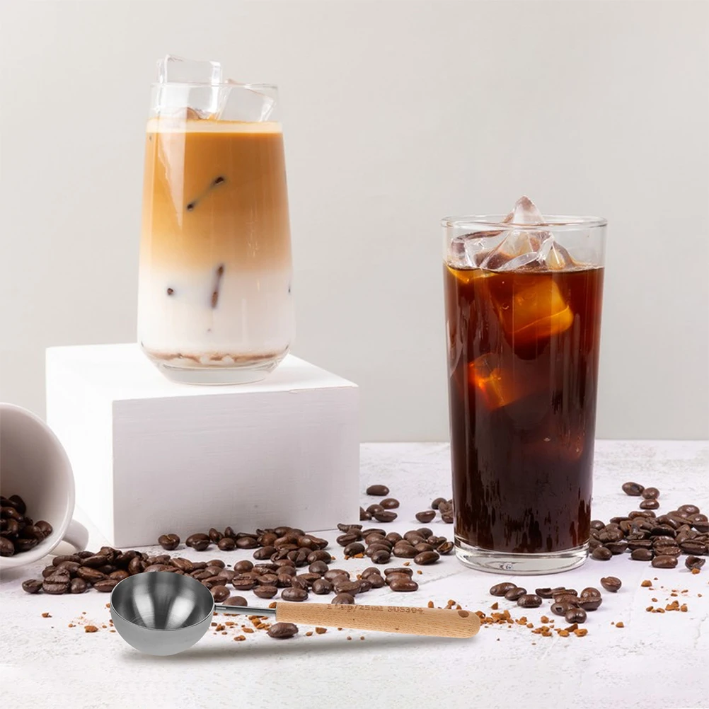 

2 Pcs Spoons Measuring with Wooden Handle Coffee Scoop Kitchen Stainless Steel Scoops Ground Beige Long