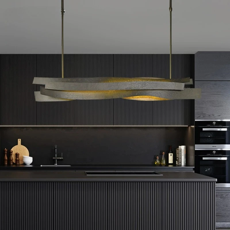 Modern Wabi Sabi Linear LED Chandelier Abstract Wave Layered Pendant Light with Textured Finish for Dining Room Kitchen Island