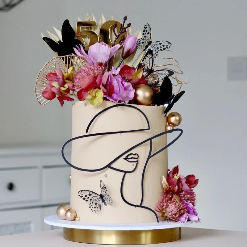 Line Acrylic Birthday Gold Cake Topper Abstract Minimalist  Mnimalist Character Art For Woman Birthday Party Cake Decorations