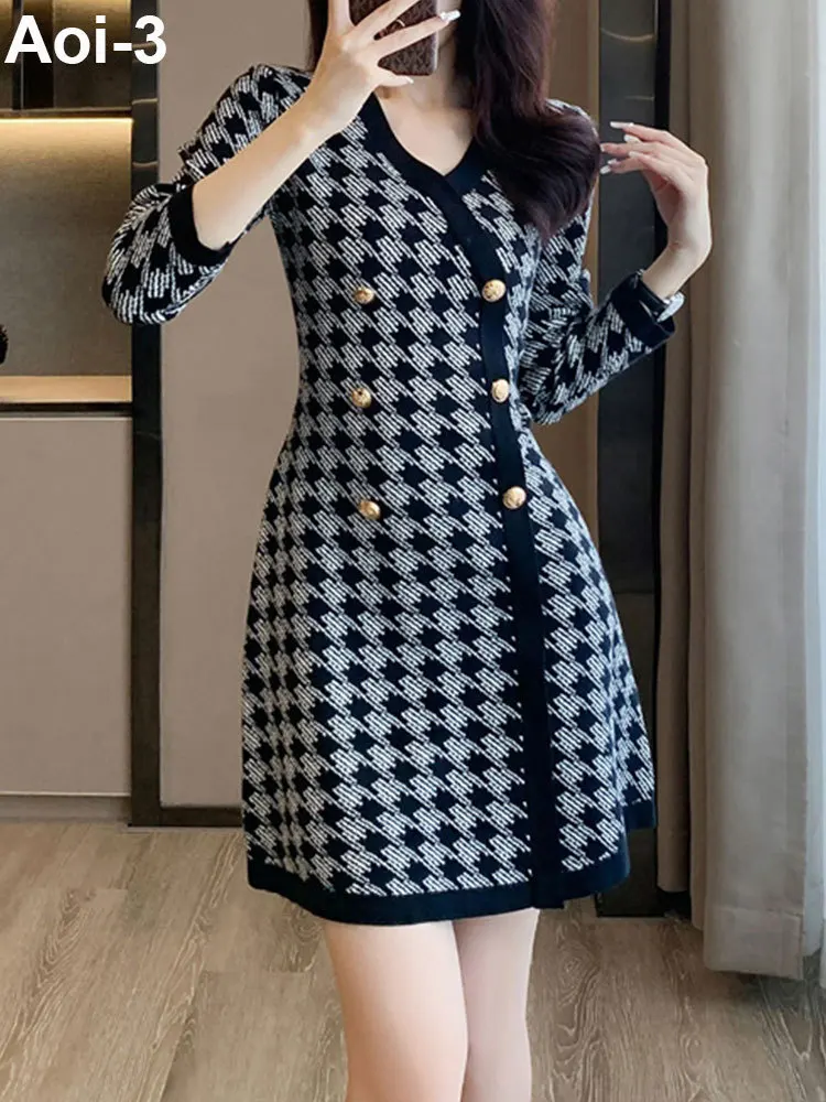 

Fashion Commuter Plaid Knitted Dress Women's 2023 Autumn Winter New V-Neck Button Long Sleeve High Waist A-Line Sweater Dresses