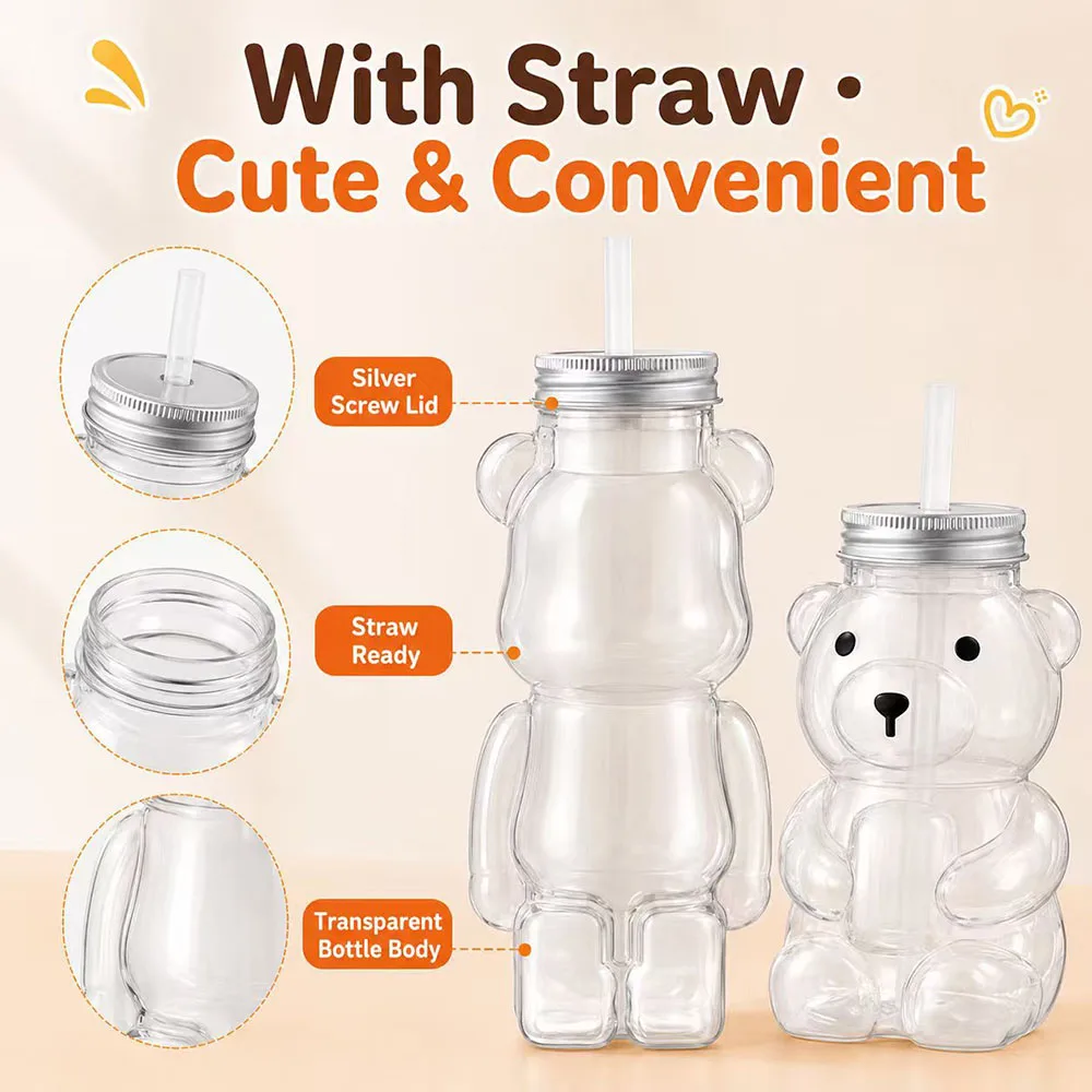 500ml Portable Cartoon Bear Transparent Bottles Cute Reusable Drink Containers for Bubble Tea Juice Milkshake Party Supplies