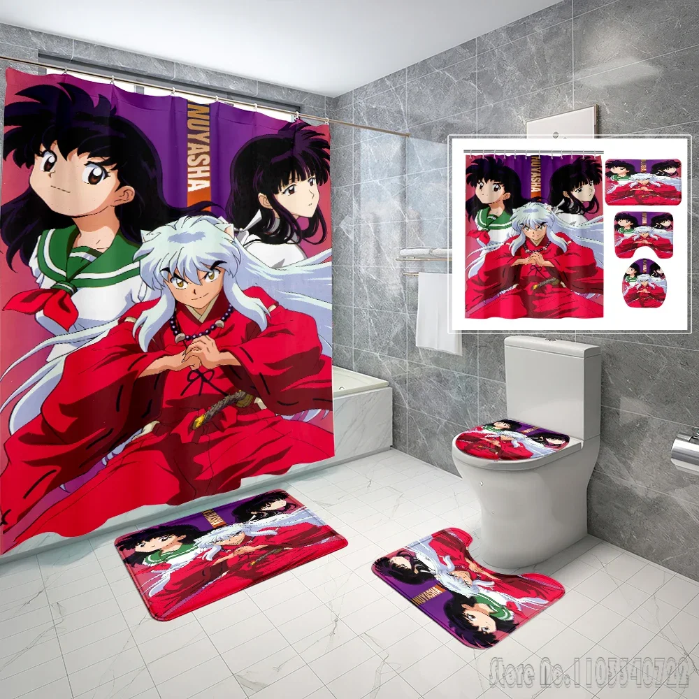 Anime Inuyasha Pattern Bath Shower Curtain Set 4pcs with Hooks Cartoon Decor Waterproof Bathroom Toilet Mat Lid