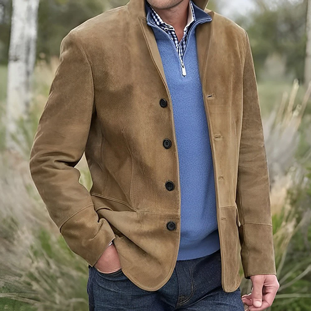 

Men's Vintage Suede Casual Outdoor Jacket Solid Color Single-breasted Lapel Long Sleeve Winter Keep Warm Elegant Outwear Jackets