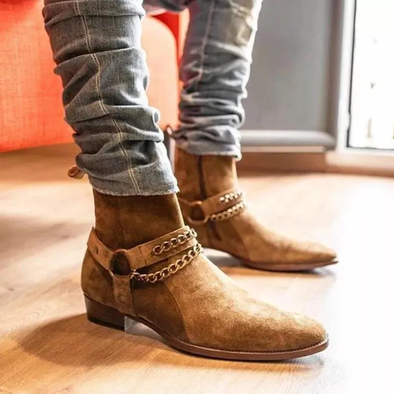 Men\'s Brown Suede Boots Handmade Business Cow Suede Zipper Genuine Leather Men\'s Short Boots Ankle