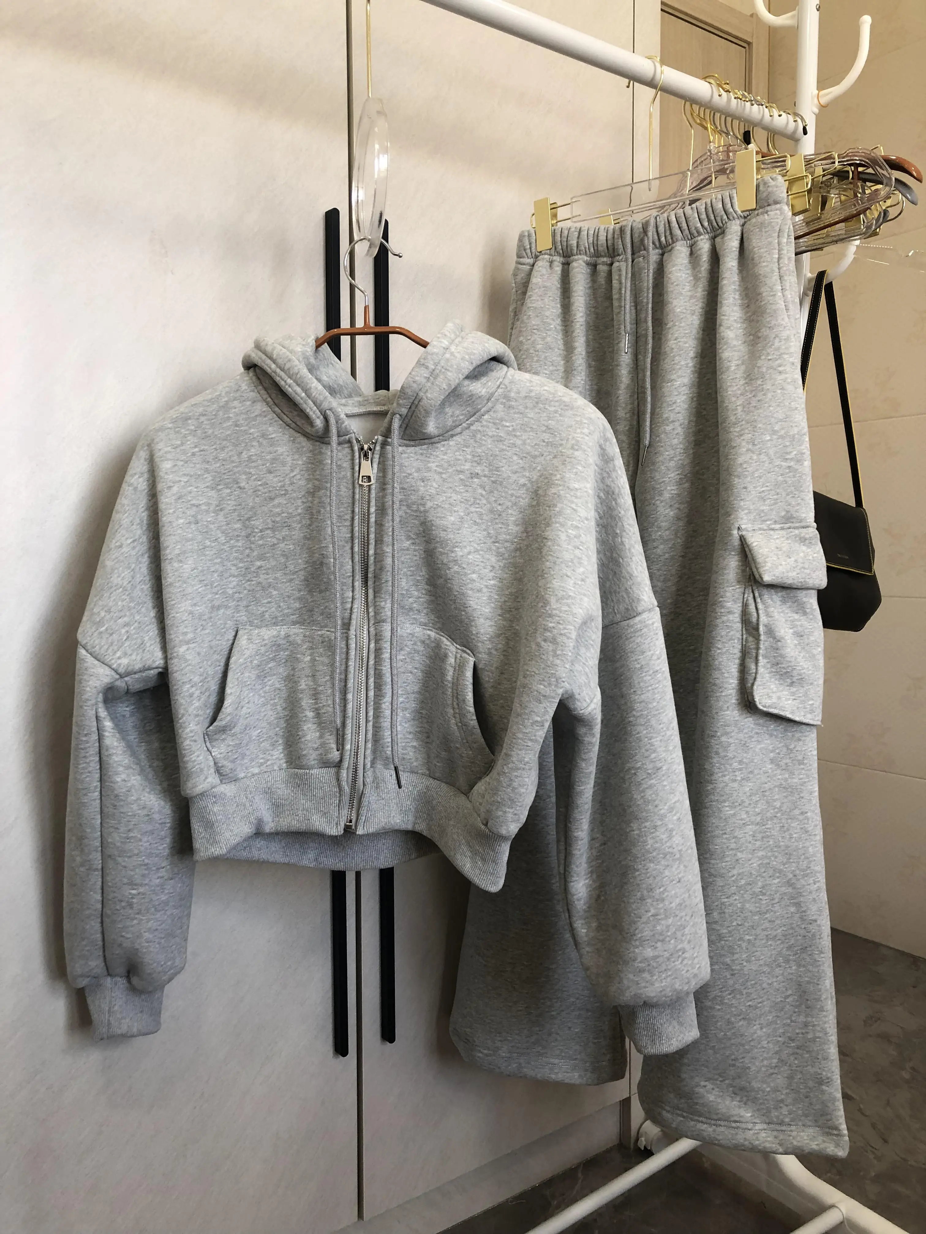 Reißverschluss-Hoodie mit weitem Bein und Hose, zweiteiliges Set für Damen, lässiges Kapuzen-Sweatshirt, Trainingsanzüge, sportliche Hosen-Outfit, 2-teilige Anzüge