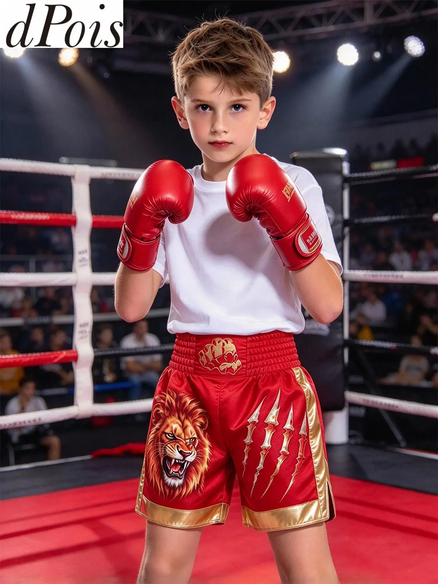 Kids Boys Lion Printed Metallic Boxing Shorts Elastic Waistband Side Slit Muay Thai Bottoms for Grappling Kickboxing Training