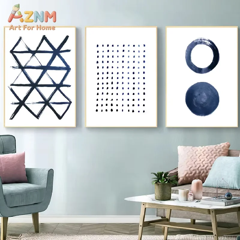 AZNM Navy Blue Abstract Geometric Canvas Wall Art Frameless Print, Brush Stroke Dots Circle Line Poster, Minimalist Modern Livin