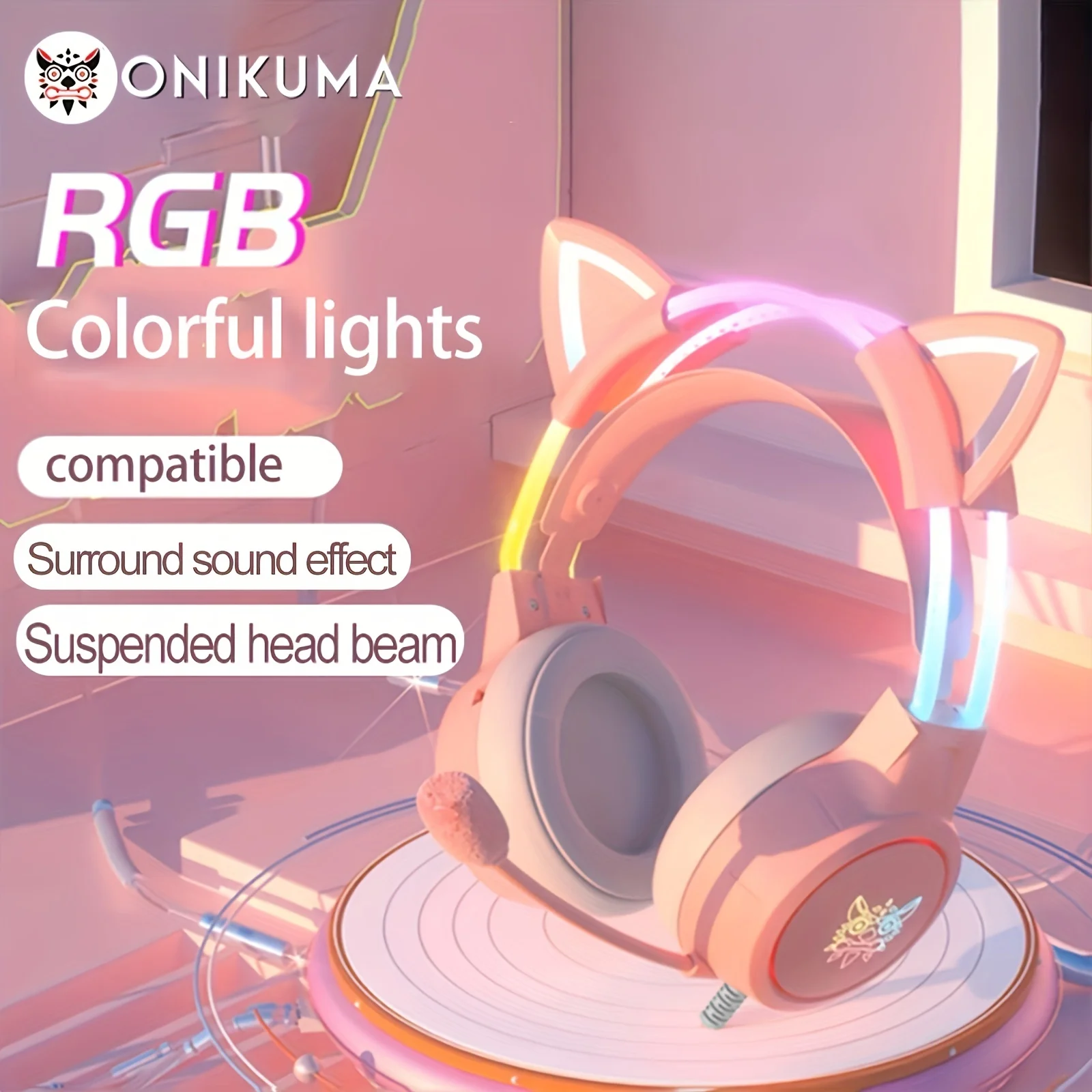 ONIKUMA Gaming Headphones Esports Package with Dynamic RGB Light Detachable Cat Ears Mouse Holder Wired Headset with Mic Gamer