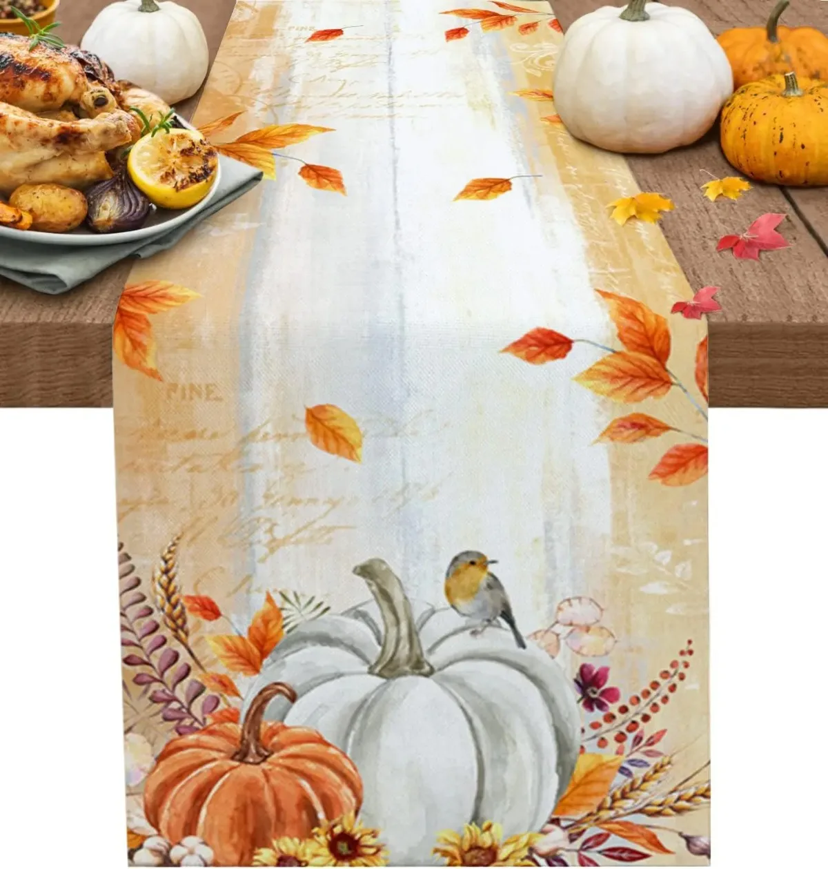 Colorful Pumpkin Pattern Linen Table Runners Autumn Thanksgiving Harvest Teal Maple Leaves Dresser Scarf for Dining Table Decor