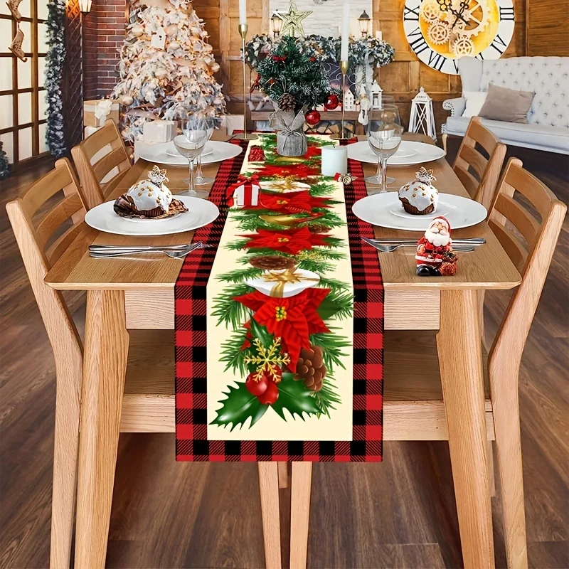 Christmas Poinsettia Floral Pine Needle Linen Table Runner Xmas Party Decor Winter Kitchen Table Runners Chriatmas Decorations