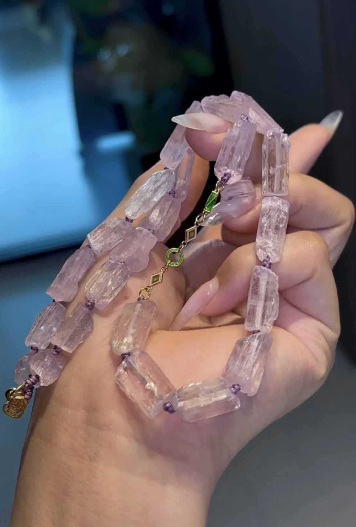 

Natural Kunzite Raw Stone Necklace, Delicate Pink-Purple Crystal with Sterling Silver, Bohemian Collarbone Chain for Women