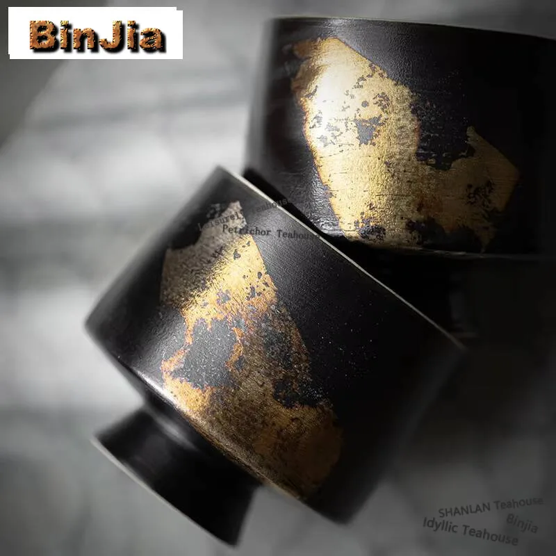 60ml Japanese Burnt Silver Foil Ceramic Teacup Zen Style Black High Legged Cup Handmade Gilded Coarse Master Cup Mugs Drinkware