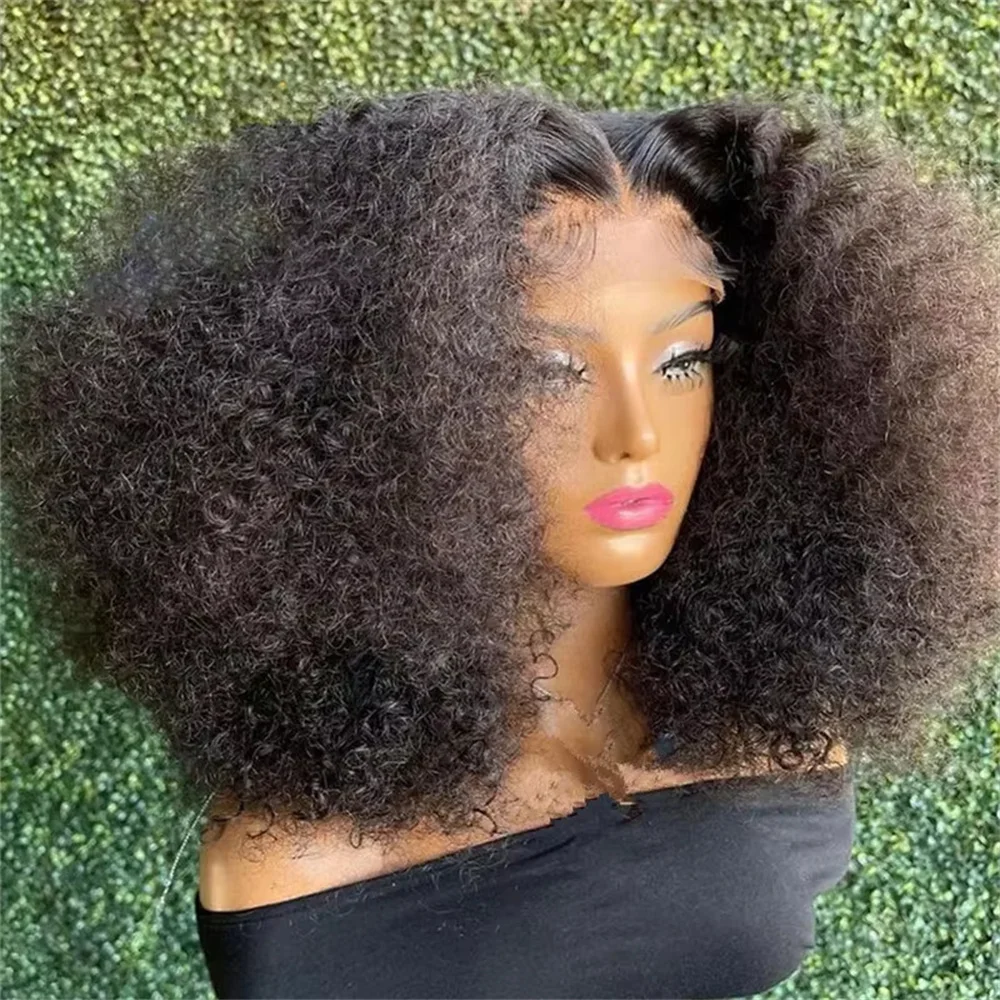 

Short Bob Natural Black 180Density Soft Glueless Kinky Curly Deep Lace Front Wig For Women With Baby Hair Preplucked Daily