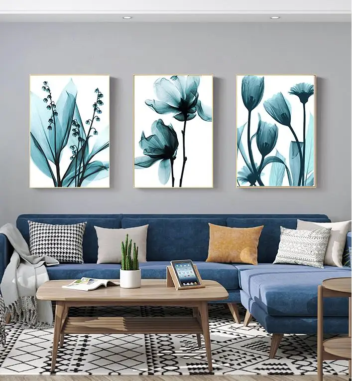 Nordic Canvas Painting Flowers Poster Blue Floral Wall Art Print for Vintage Living Room Decorative Wall Pictures