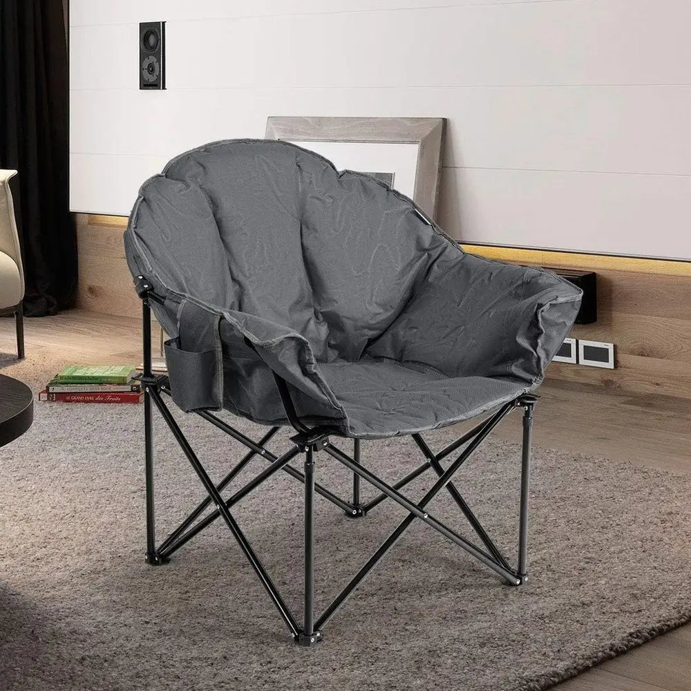 Oversized Cushioned Moon Saucer Camping Chair with Cup Holder and Carry Bag, Ideal for Outdoor, Beach, and Picnic (Grey)